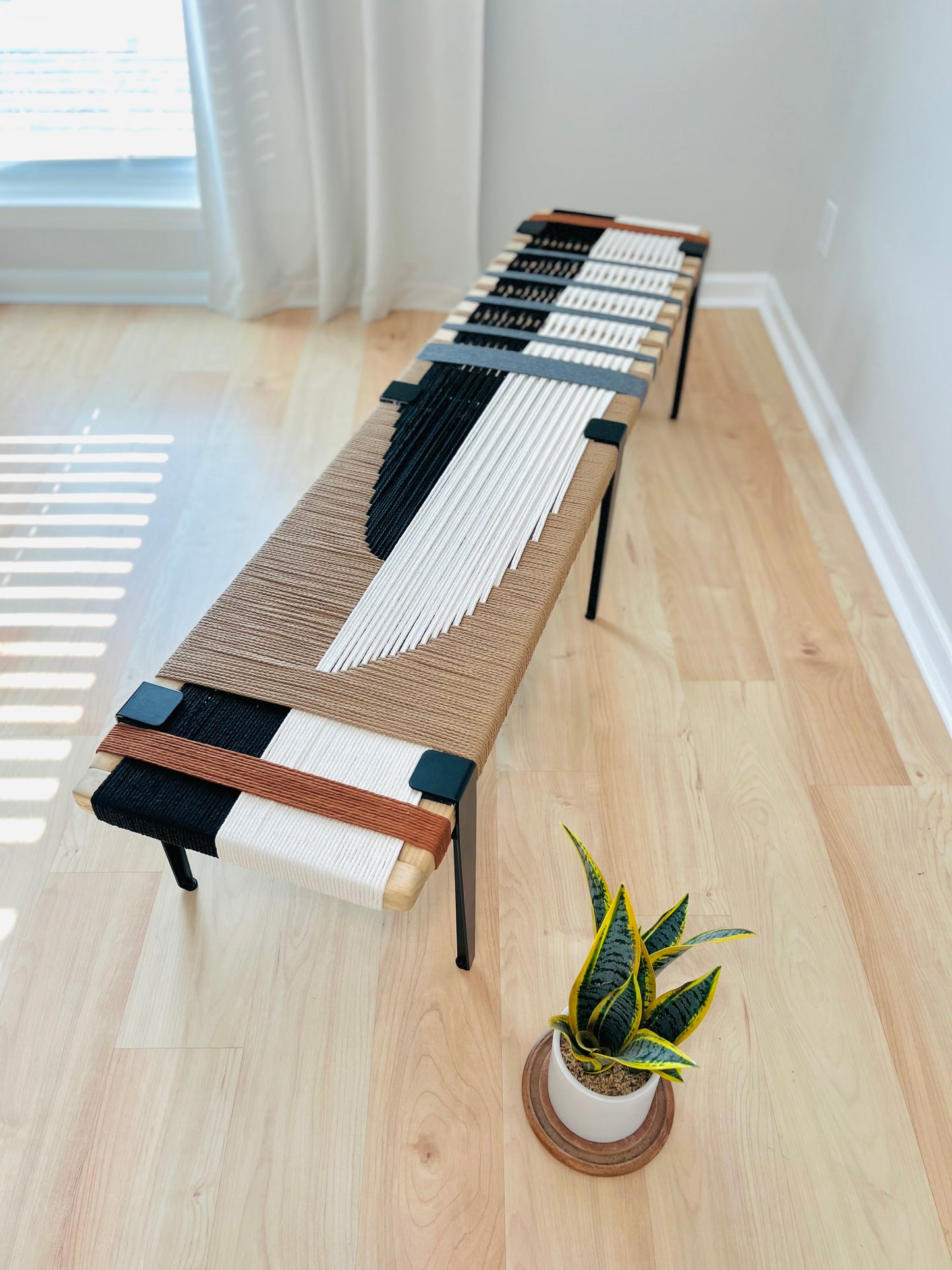 Mid Century Bench | Custom Size Woven Entryway Seating With Matte Black Legs