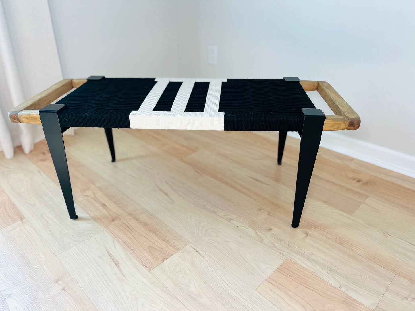 Mid Century Bench | Custom Size Woven Entryway Seating With Matte Black Legs