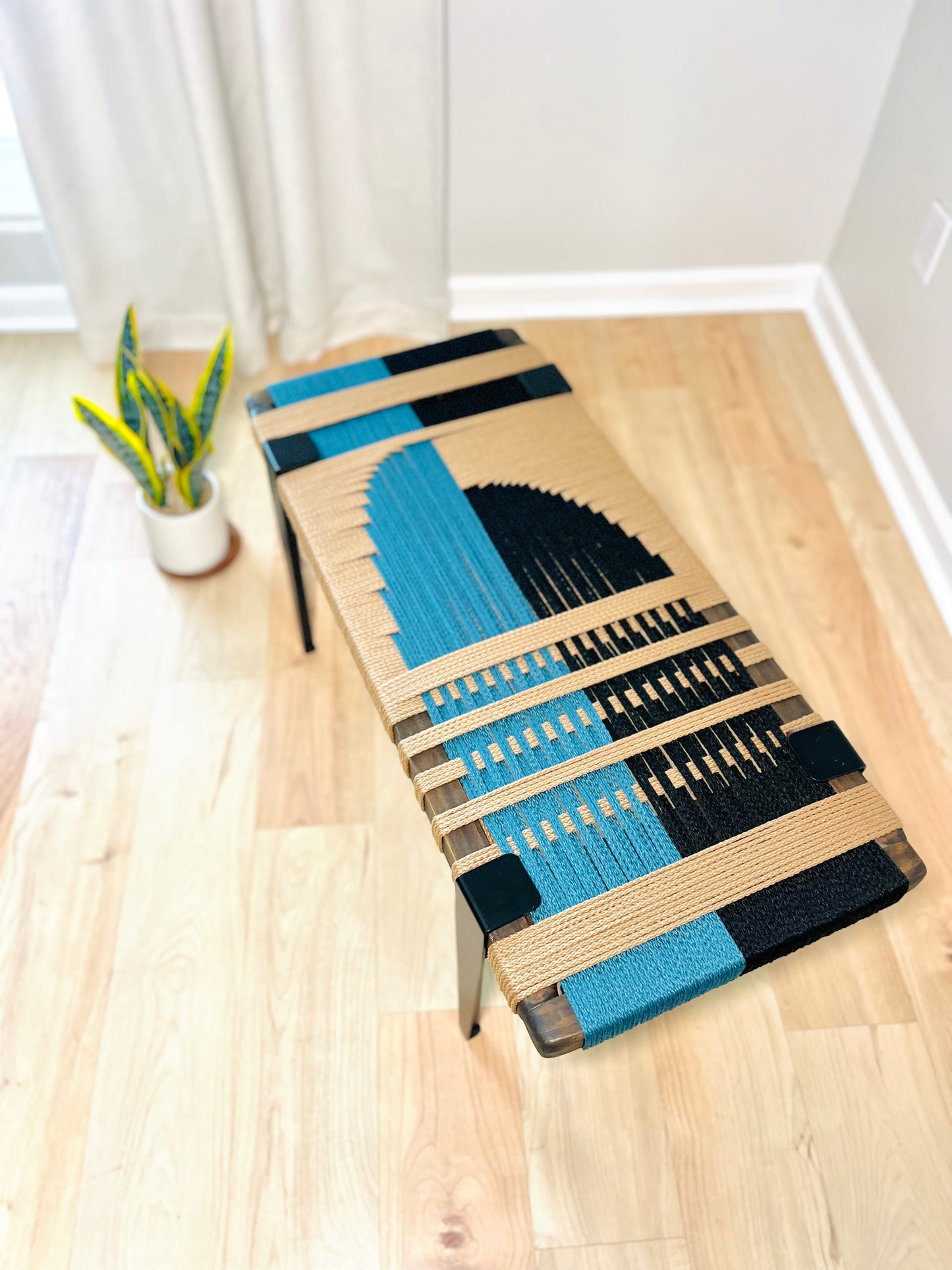 Mid Century Bench | Custom Size Woven Entryway Seating With Matte Black Legs