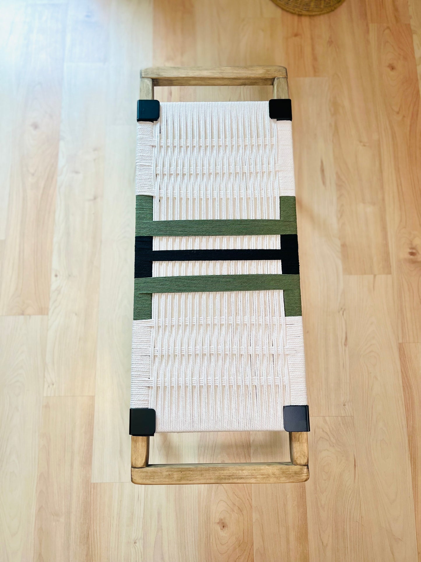 Mid Century Bench | Custom Size Woven Entryway Seating With Matte Black Legs