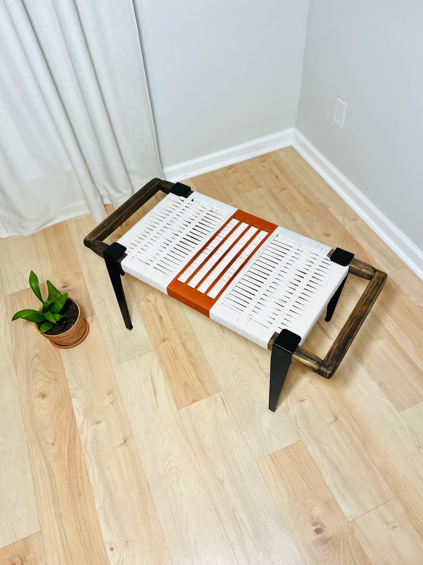 Mid Century Bench | Custom Size Woven Entryway Seating With Matte Black Legs