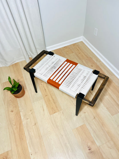 Mid Century Bench | Custom Size Woven Entryway Seating With Matte Black Legs