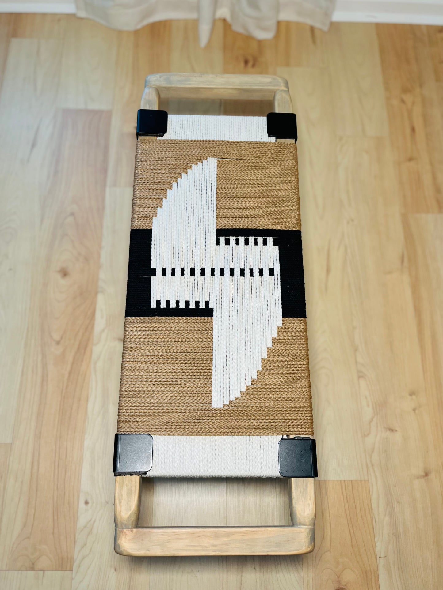 Mid Century Bench | Custom Size Woven Entryway Seating With Matte Black Legs