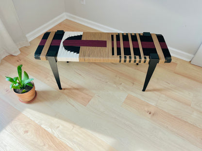 Mid Century Bench | Custom Size Woven Entryway Seating With Matte Black Legs