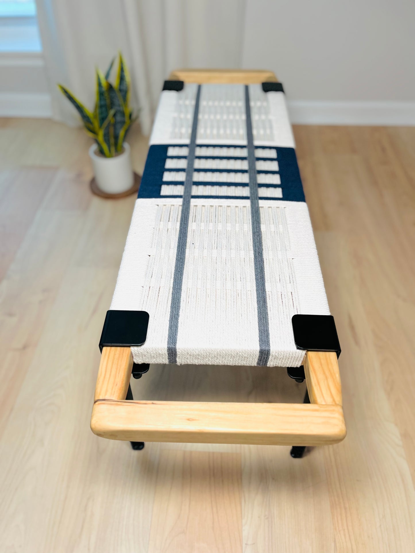 Mid Century Bench | Custom Size Woven Entryway Seating With Matte Black Legs