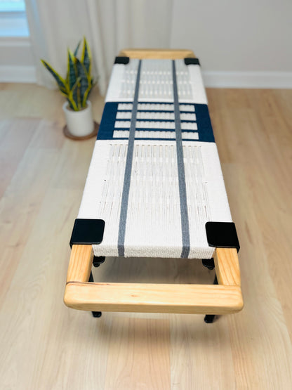Mid Century Bench | Custom Size Woven Entryway Seating With Matte Black Legs