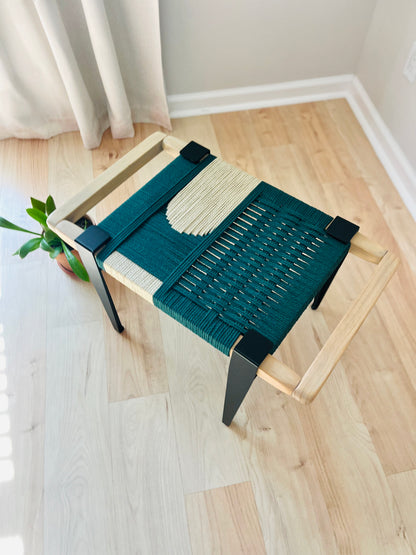 Mid Century Bench | Custom Size Woven Entryway Seating With Matte Black Legs