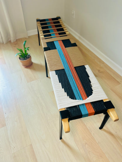 Mid Century Bench | Custom Size Woven Entryway Seating With Matte Black Legs