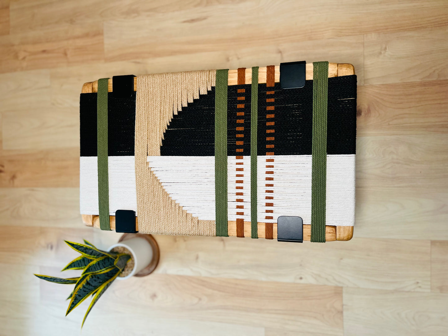 Mid Century Bench | Custom Size Woven Entryway Seating With Matte Black Legs
