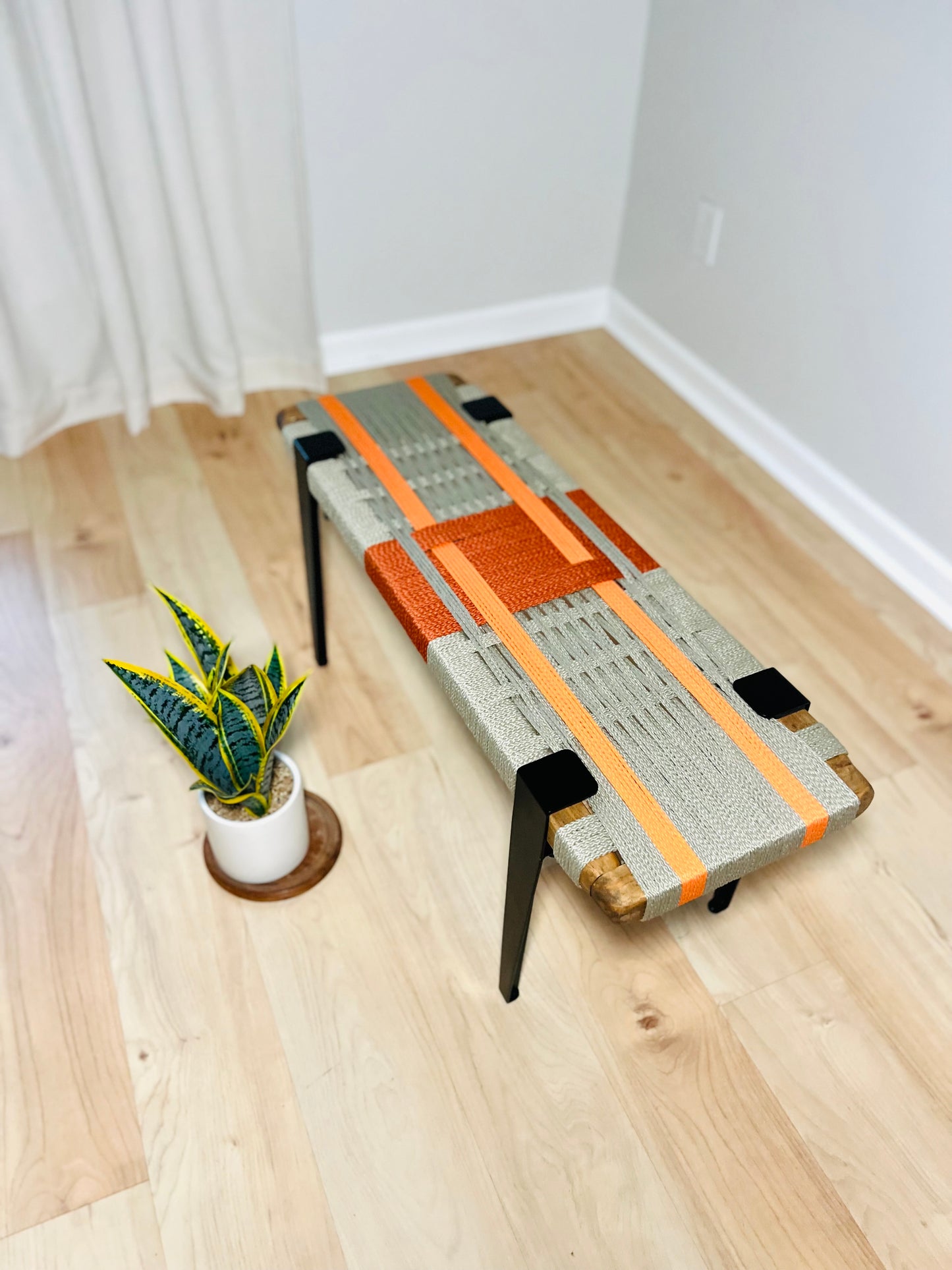 Mid Century Bench | Custom Size Woven Entryway Seating With Matte Black Legs