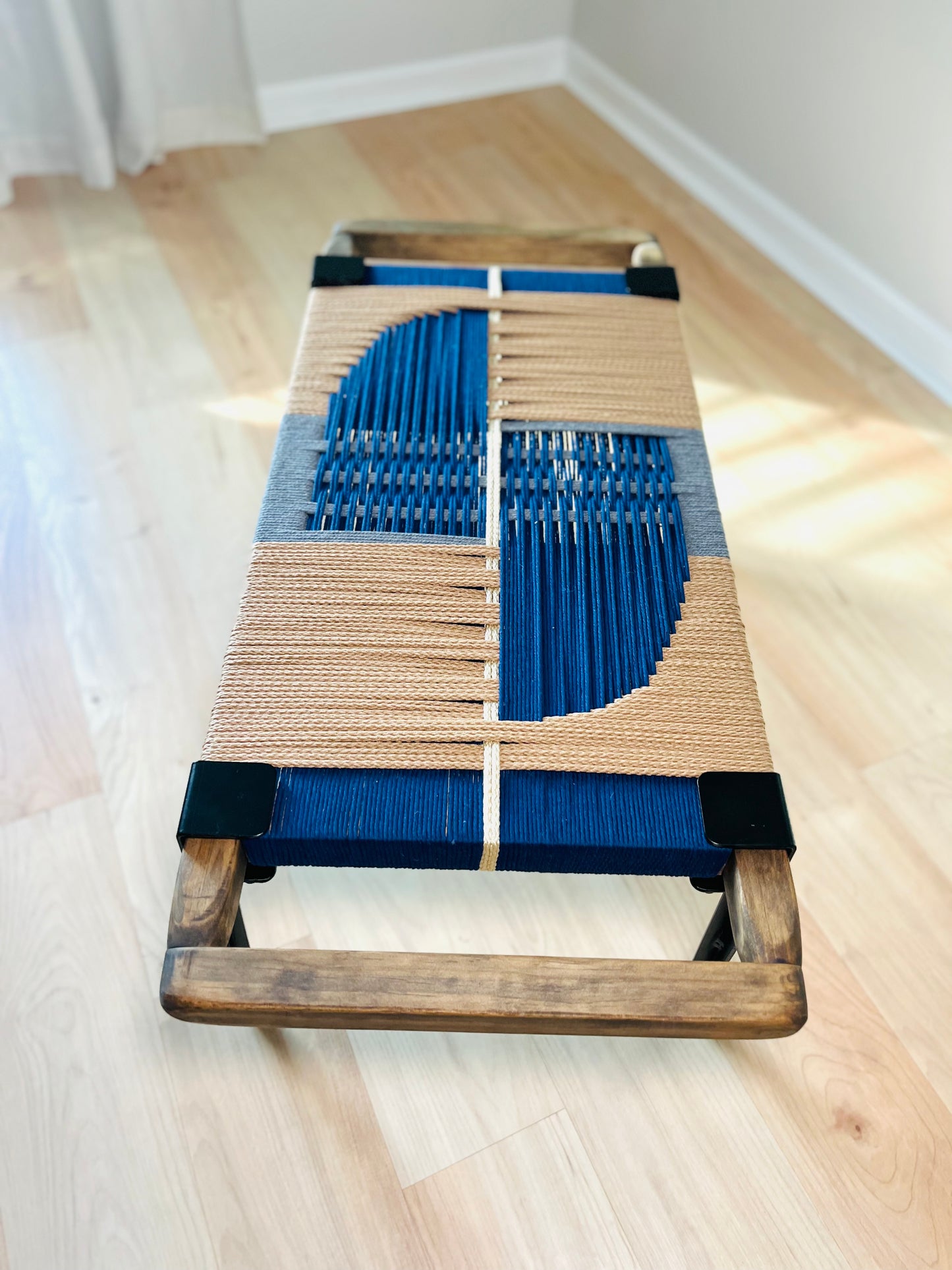 Mid Century Bench | Custom Size Woven Entryway Seating With Matte Black Legs