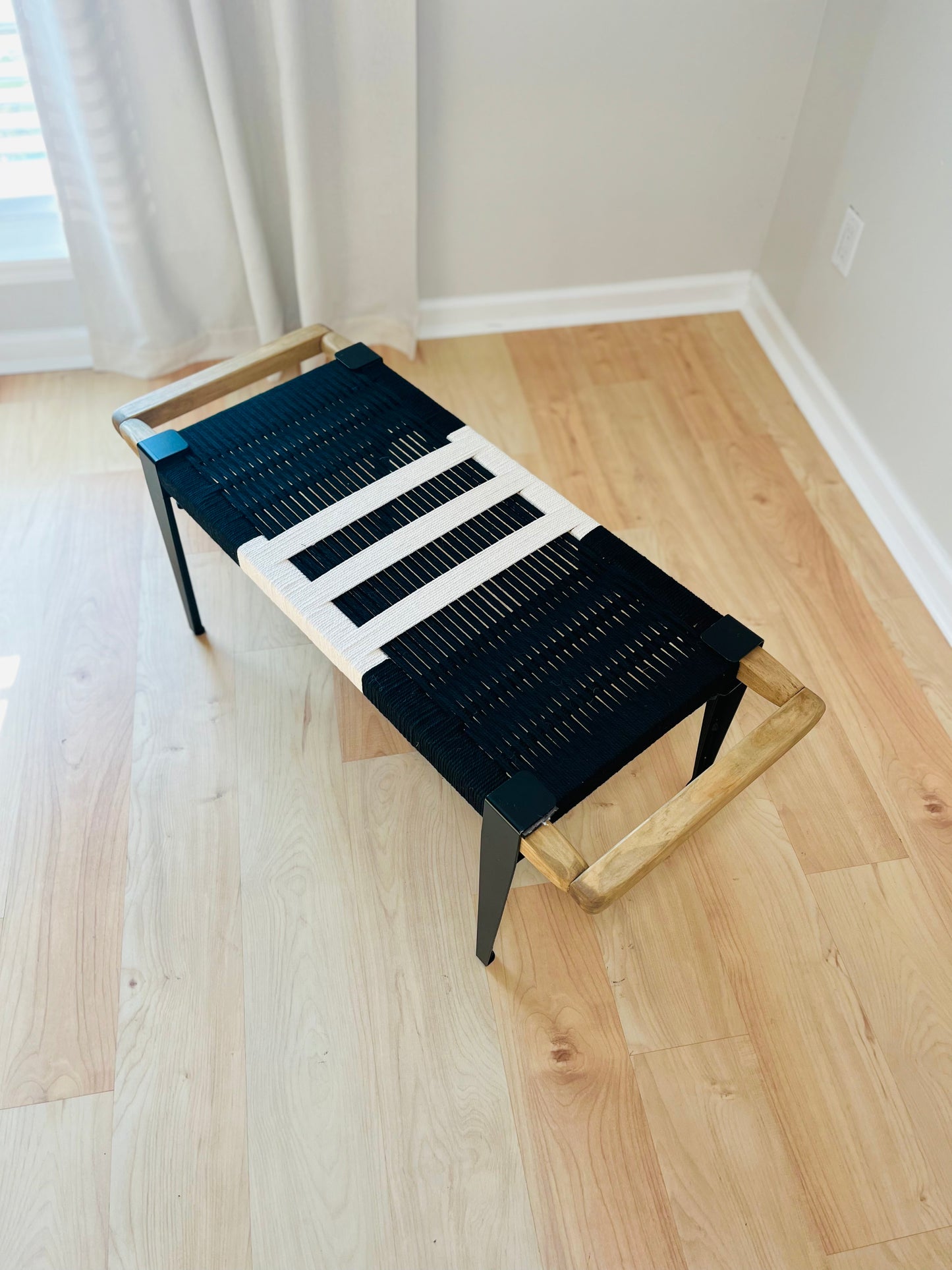 Mid Century Bench | Custom Size Woven Entryway Seating With Matte Black Legs