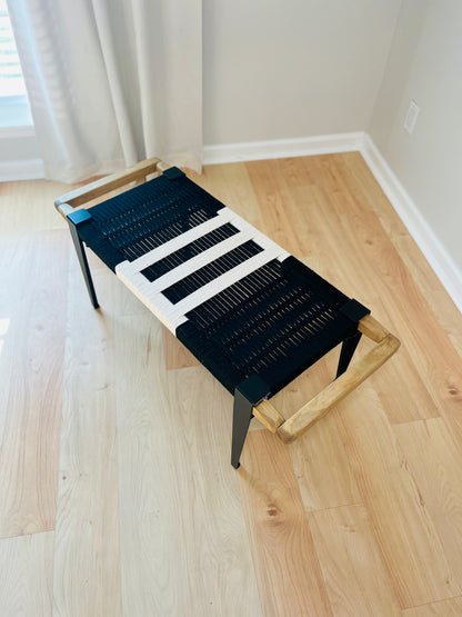 Mid Century Bench | Custom Size Woven Entryway Seating With Matte Black Legs
