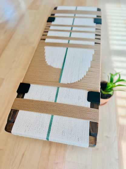 Mid Century Bench | Custom Size Woven Entryway Seating With Matte Black Legs