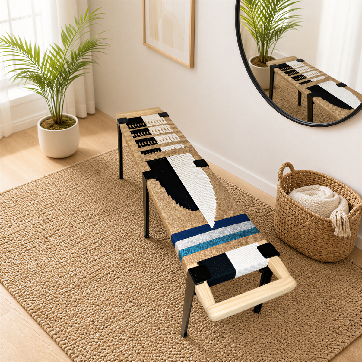 a modern, wooden bench with a woven seat and backrest, placed on a beige rug in a room with a large mirror and a potted plant.