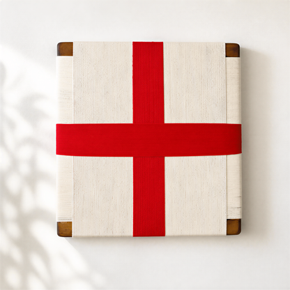 A square-shaped object with a red ribbon tied around it, placed against a white background.