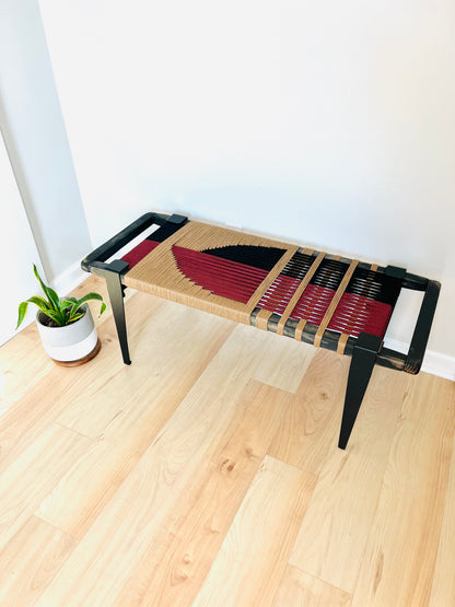 Mid Century Bench | Custom Size Woven Entryway Seating With Matte Black Legs