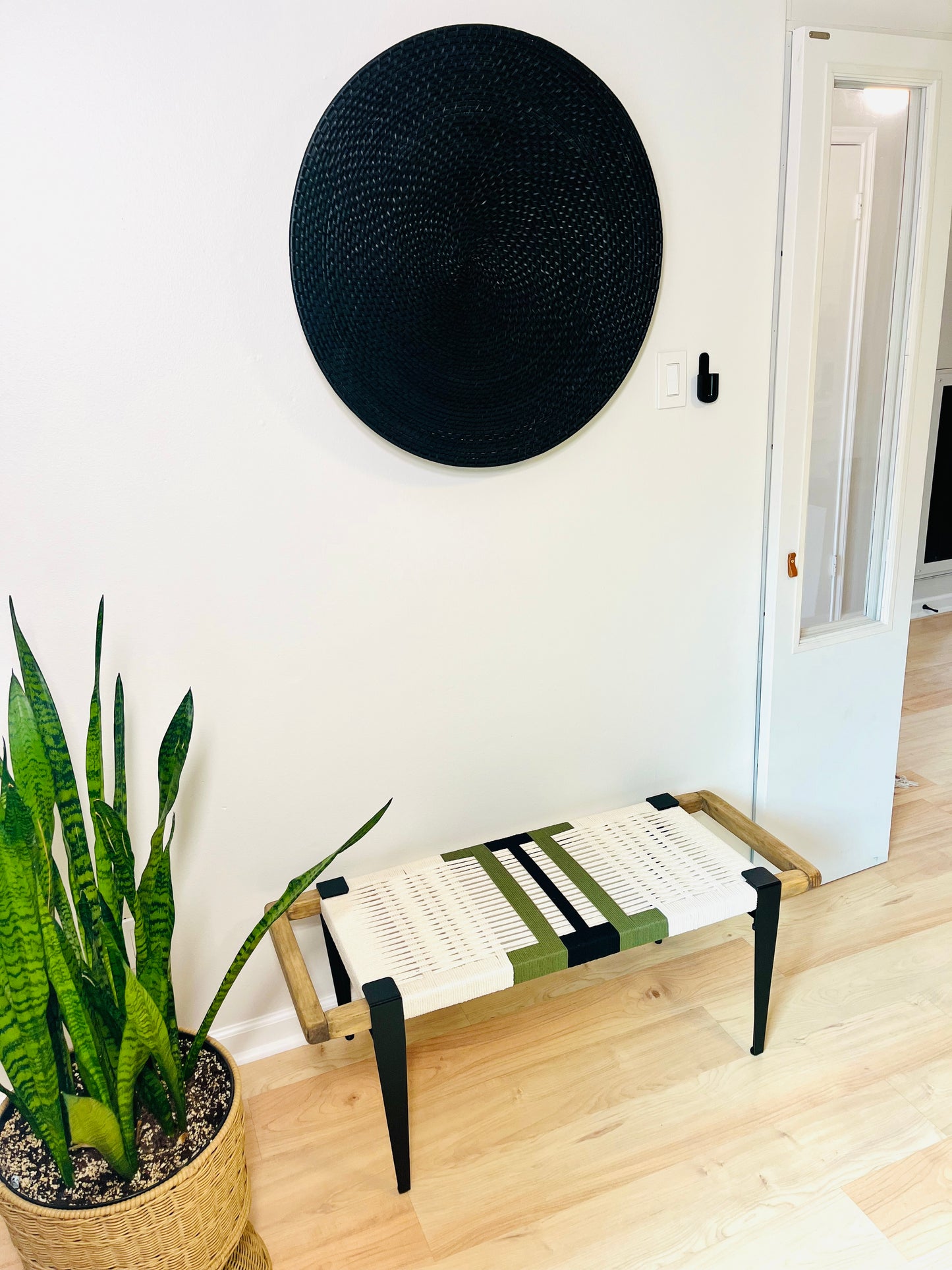 Mid Century Bench | Custom Size Woven Entryway Seating With Matte Black Legs