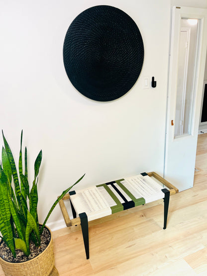 Mid Century Bench | Custom Size Woven Entryway Seating With Matte Black Legs