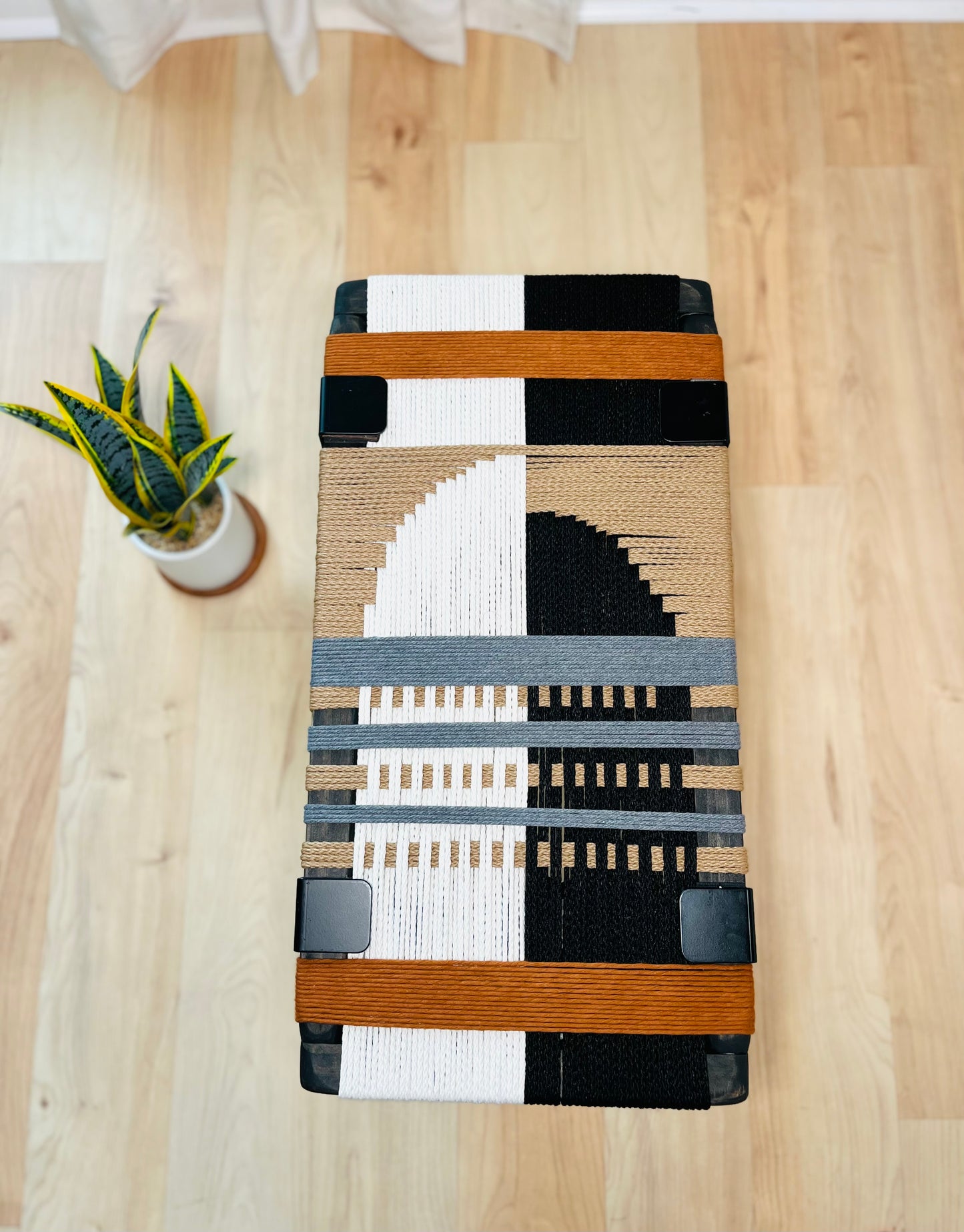 Mid Century Bench | Custom Size Woven Entryway Seating With Matte Black Legs