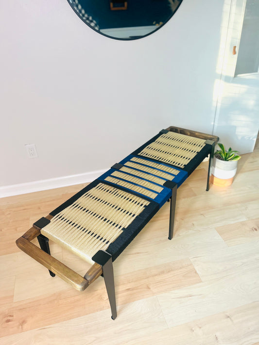 Mid Century Bench | Custom Size Woven Entryway Seating With Matte Black Legs