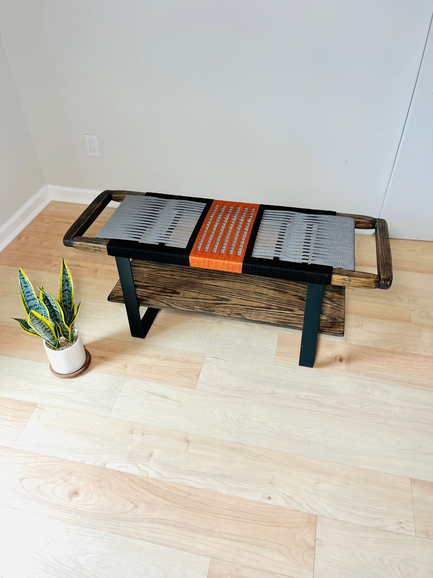 Mid Century Bench | Custom Size Woven Entryway Seating With Matte Black Legs