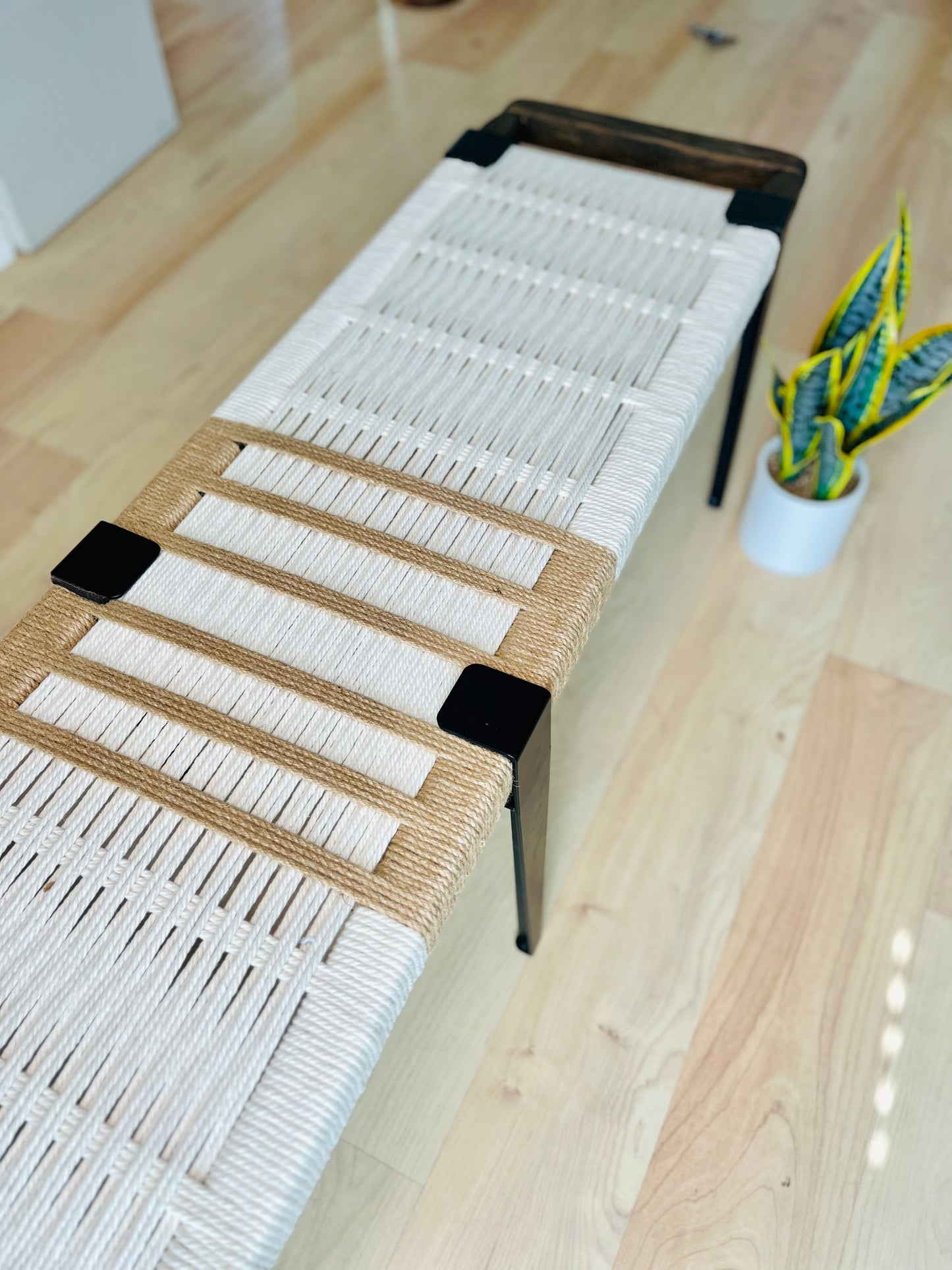 Mid Century Bench | Custom Size Woven Entryway Seating With Matte Black Legs