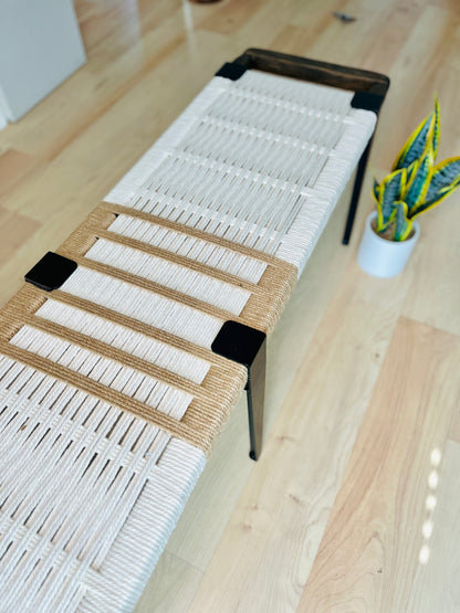 Mid Century Bench | Custom Size Woven Entryway Seating With Matte Black Legs
