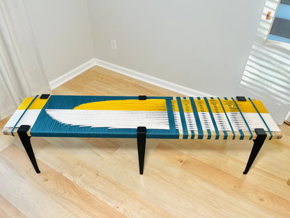 Mid Century Bench | Custom Size Woven Entryway Seating With Matte Black Legs