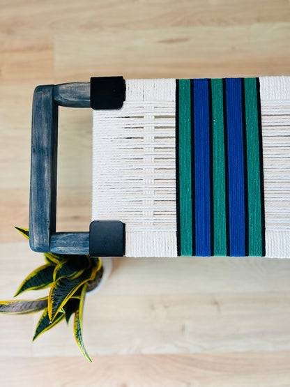 Mid Century Bench | Custom Size Woven Entryway Seating With Matte Black Legs