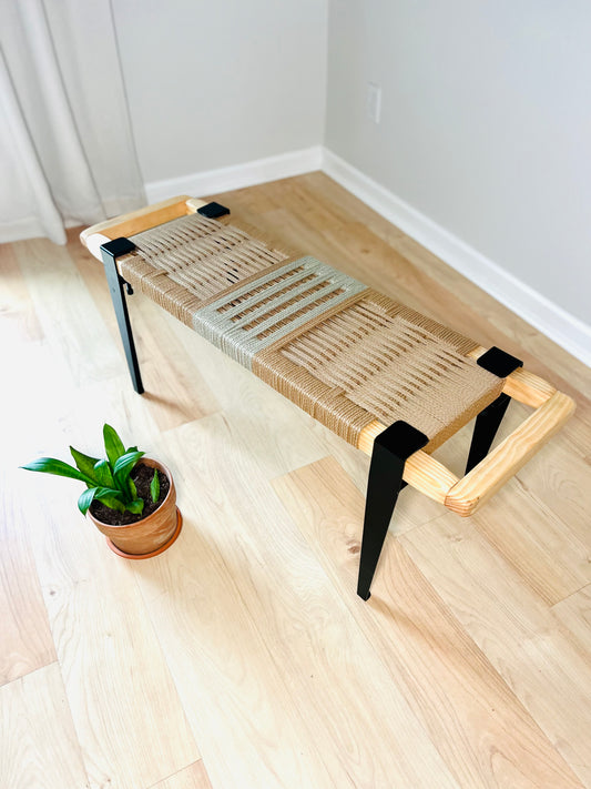 Mid Century Bench | Custom Size Woven Entryway Seating With Matte Black Legs