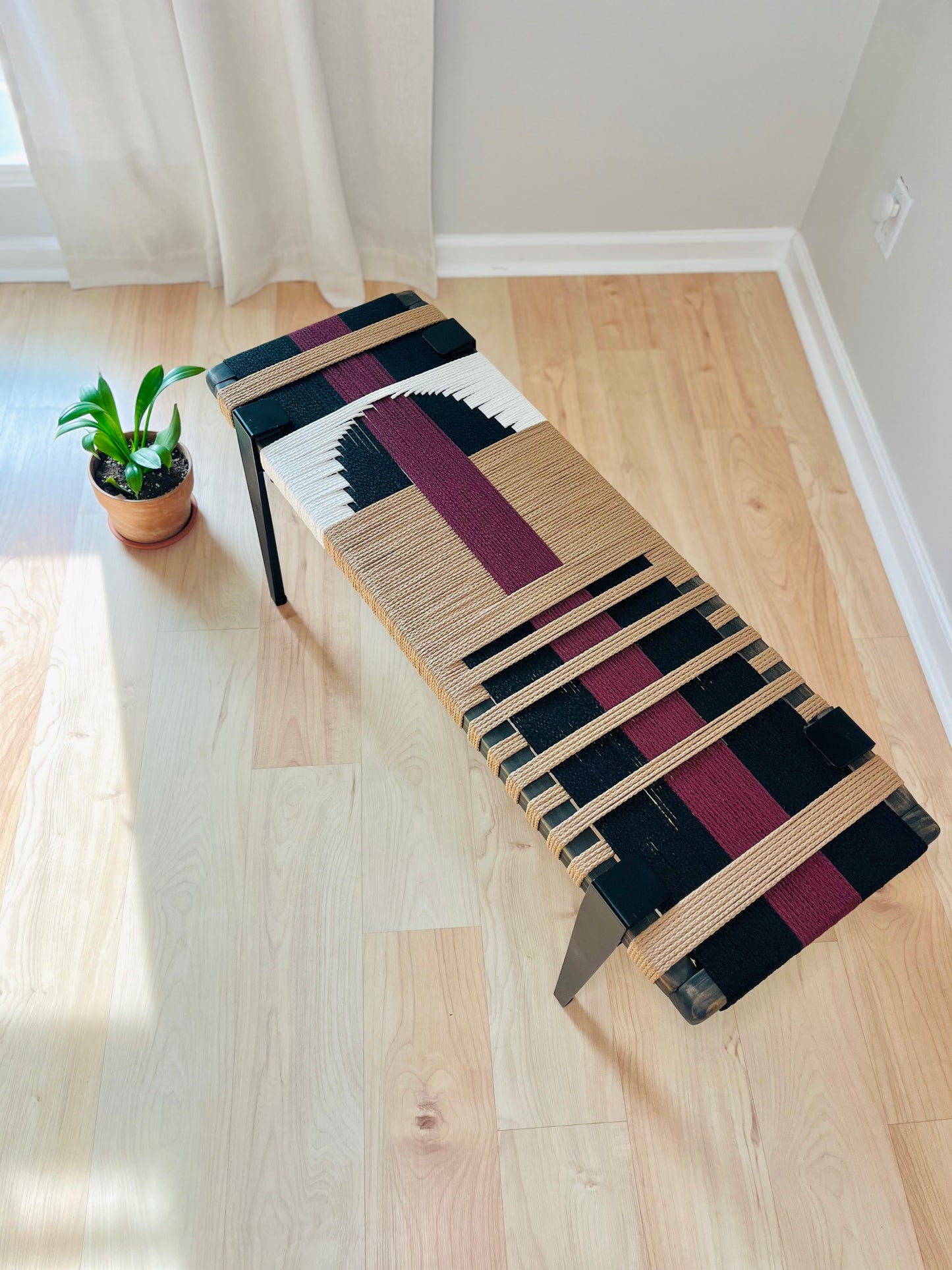 Mid Century Bench | Custom Size Woven Entryway Seating With Matte Black Legs