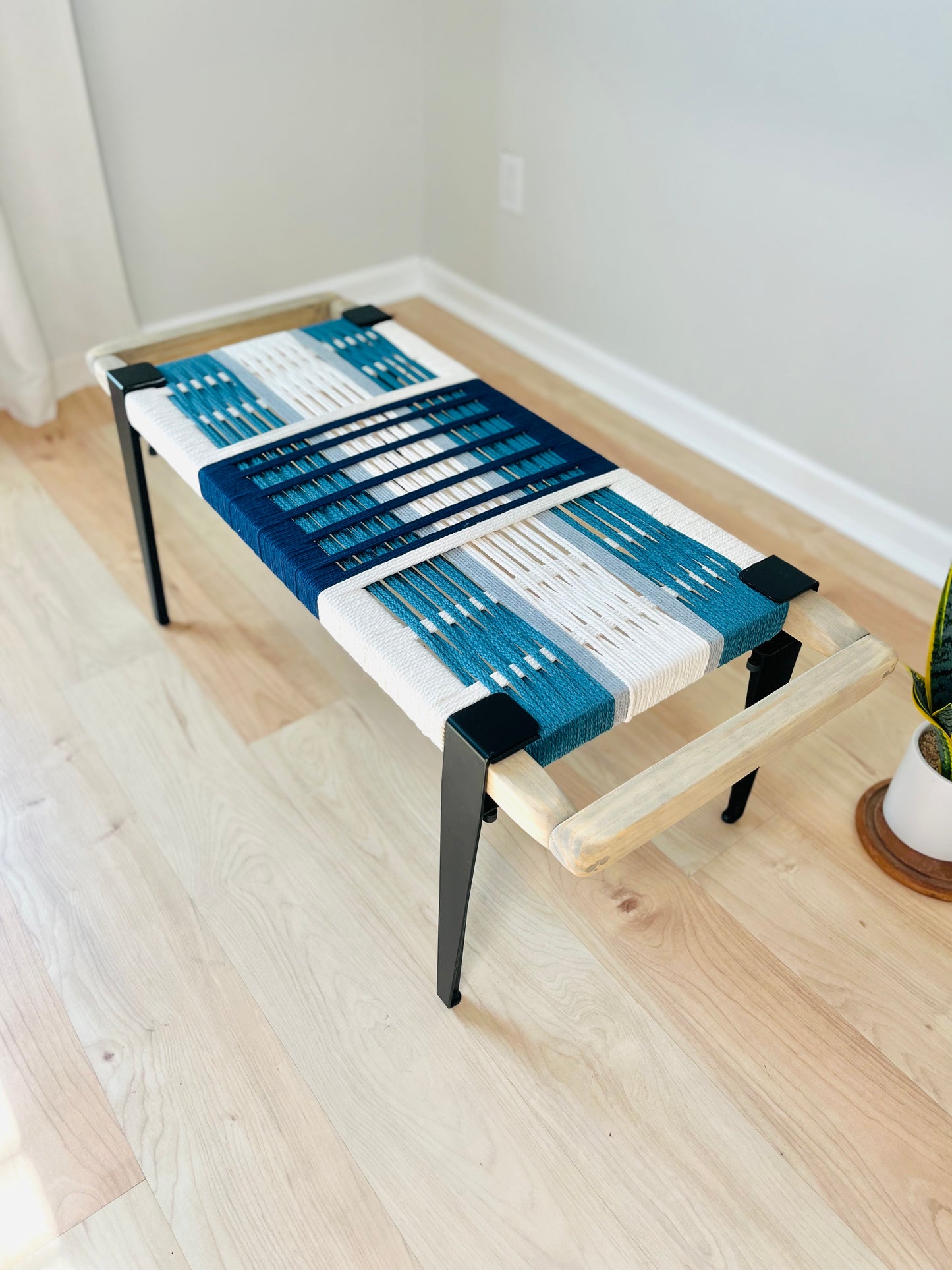 Mid Century Bench | Custom Size Woven Entryway Seating With Matte Black Legs