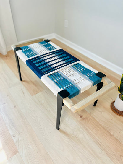 Mid Century Bench | Custom Size Woven Entryway Seating With Matte Black Legs