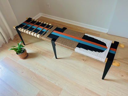 Mid Century Bench | Custom Size Woven Entryway Seating With Matte Black Legs