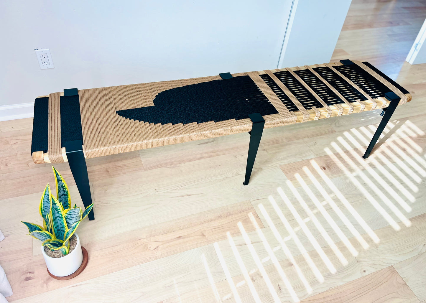 Mid Century Bench | Custom Size Woven Entryway Seating With Matte Black Legs