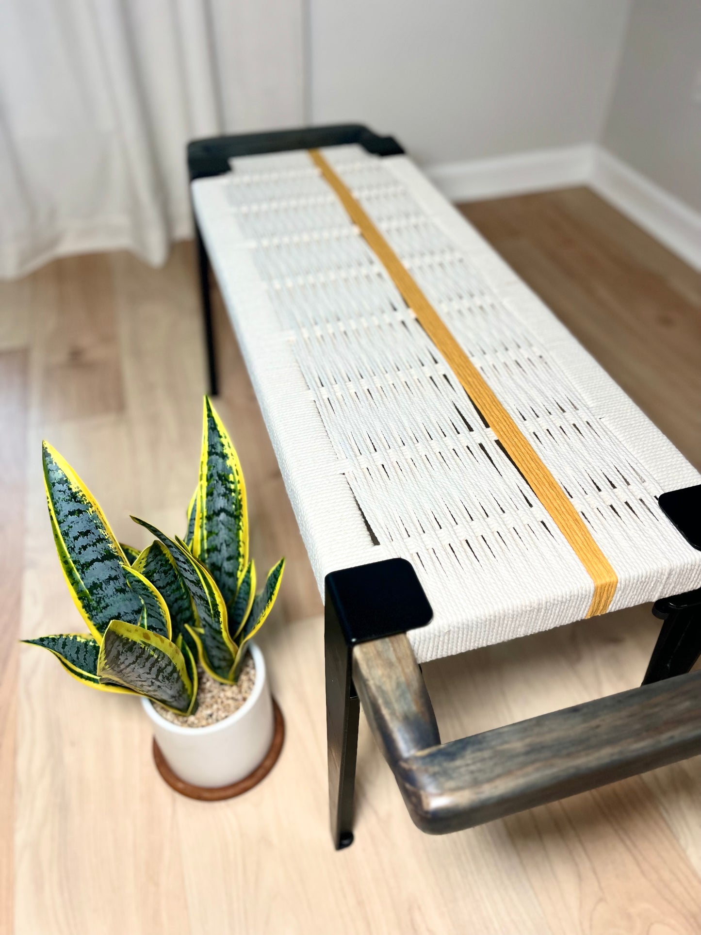 Mid Century Bench | Custom Size Woven Entryway Seating With Matte Black Legs