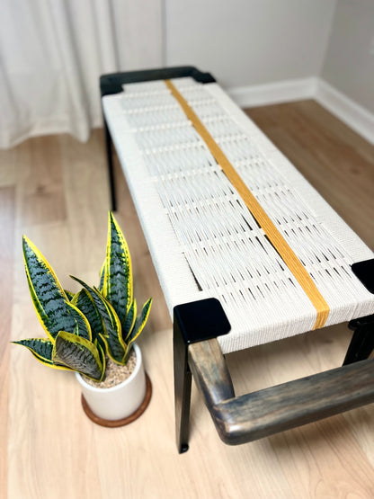 Mid Century Bench | Custom Size Woven Entryway Seating With Matte Black Legs