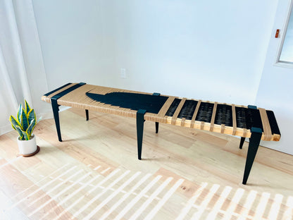 Mid Century Bench | Custom Size Woven Entryway Seating With Matte Black Legs