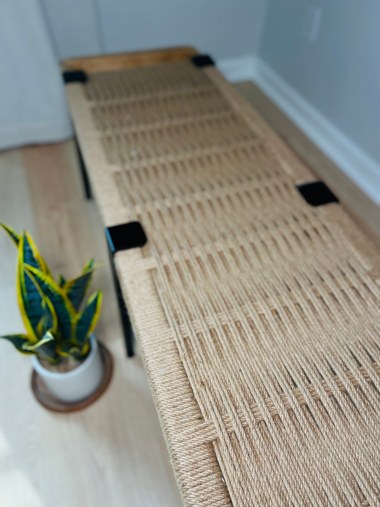 Mid Century Bench | Custom Size Woven Entryway Seating With Matte Black Legs