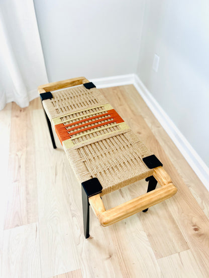 Mid Century Bench | Custom Size Woven Entryway Seating With Matte Black Legs