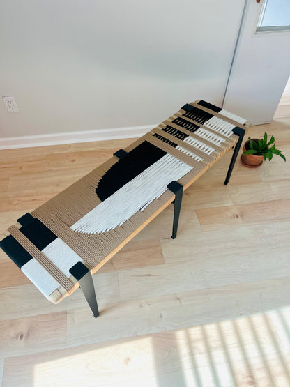 Mid Century Bench | Custom Size Woven Entryway Seating With Matte Black Legs