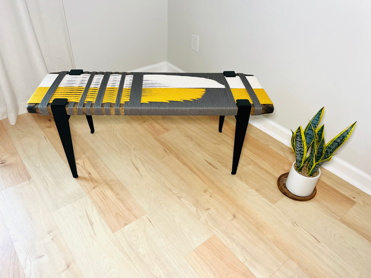 Mid Century Bench | Custom Size Woven Entryway Seating With Matte Black Legs