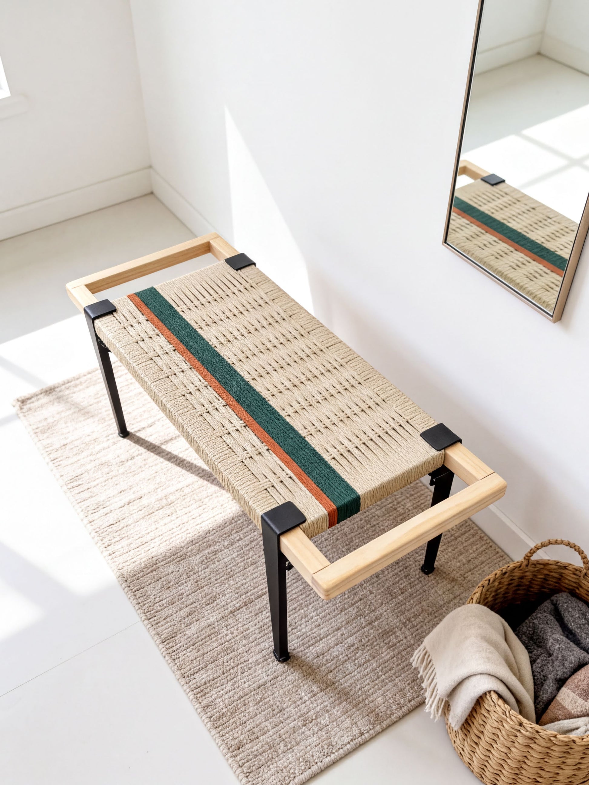 a woven bench with a striped seat and wooden frame, placed on a beige rug in a room with a mirror and a basket of clothes nearby.