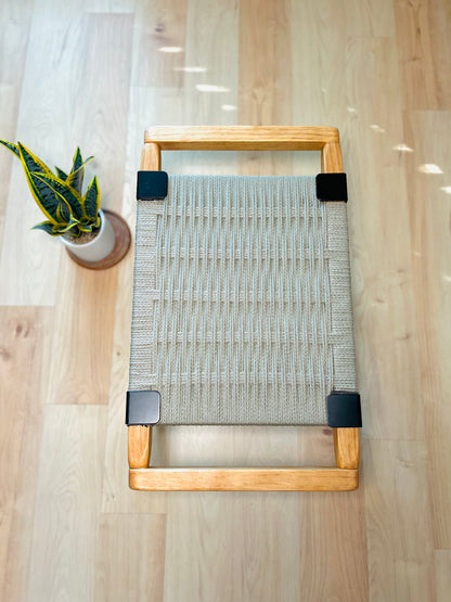 Mid Century Bench | Custom Size Woven Entryway Seating With Matte Black Legs