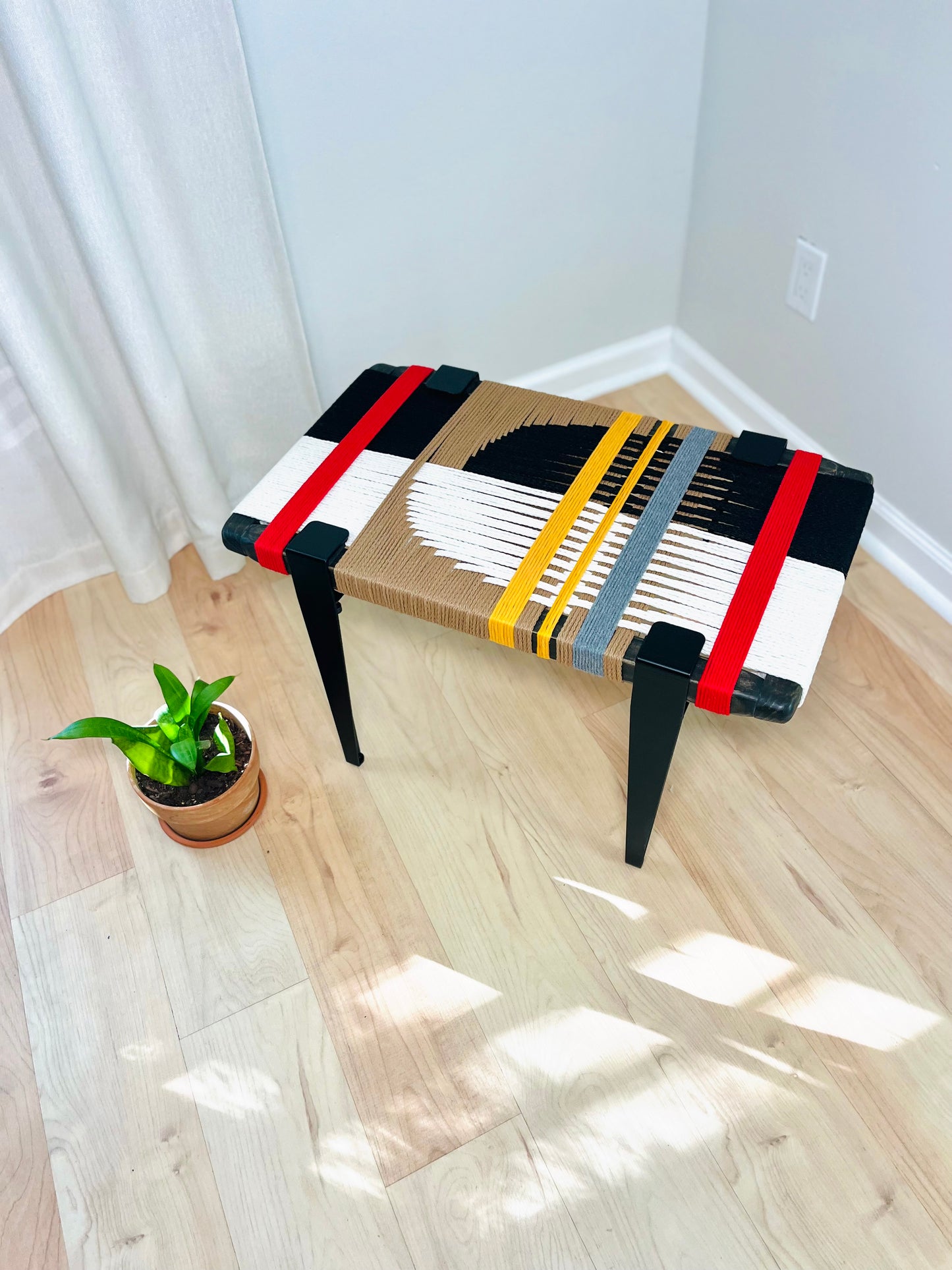 Mid Century Bench | Custom Size Woven Entryway Seating With Matte Black Legs