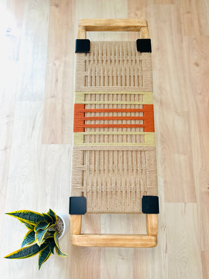 Mid Century Bench | Custom Size Woven Entryway Seating With Matte Black Legs
