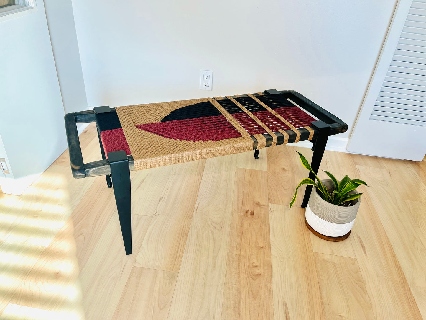 Mid Century Bench | Custom Size Woven Entryway Seating With Matte Black Legs