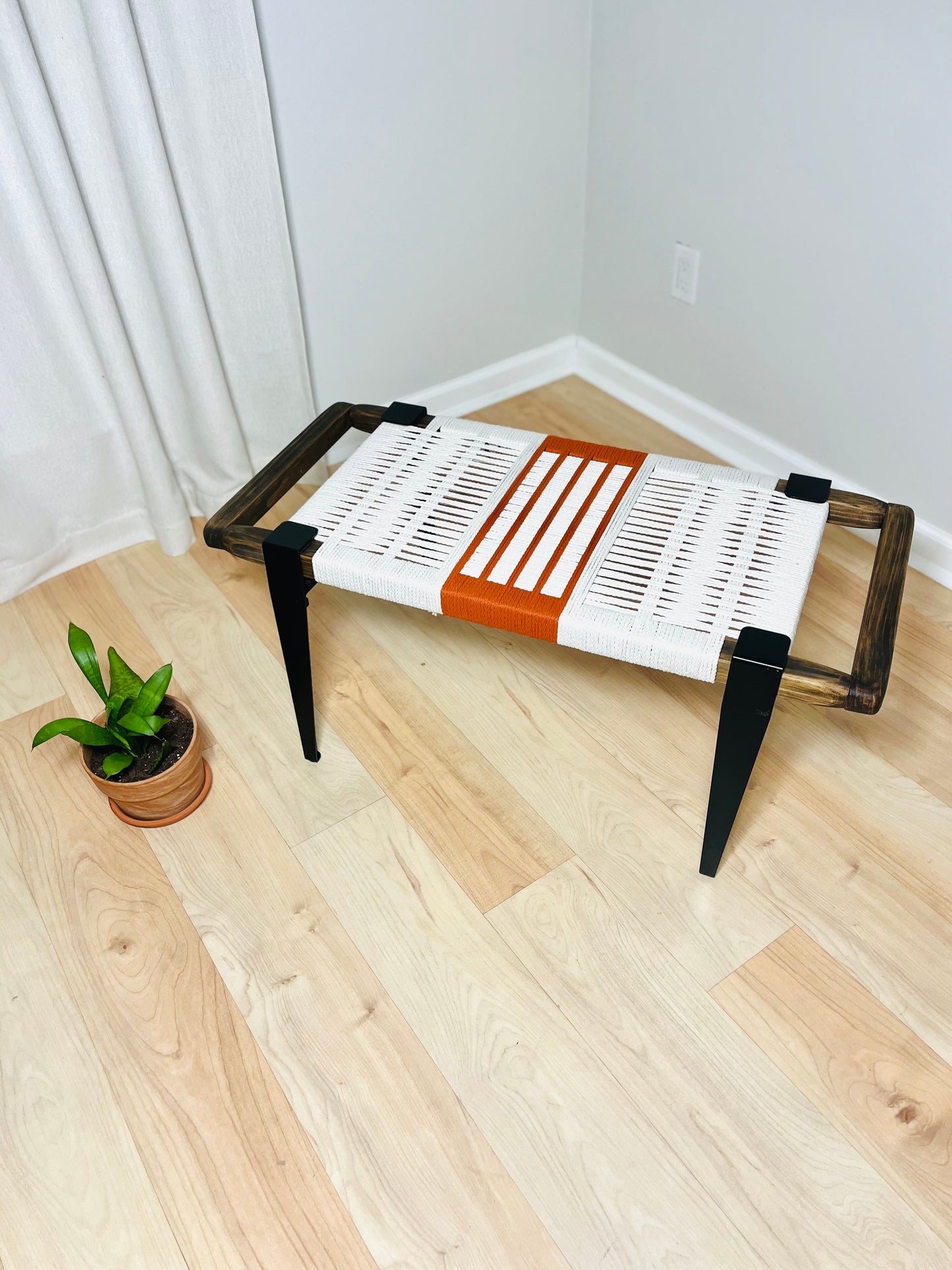 Mid Century Bench | Custom Size Woven Entryway Seating With Matte Black Legs