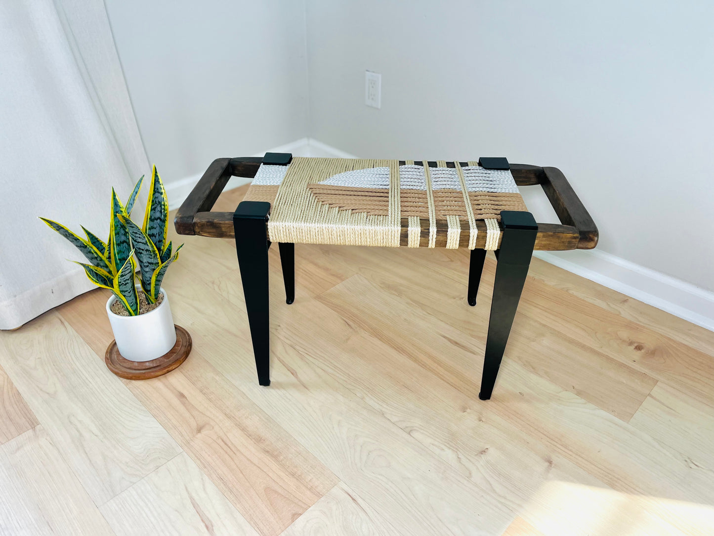 Mid Century Bench | Custom Size Woven Entryway Seating With Matte Black Legs